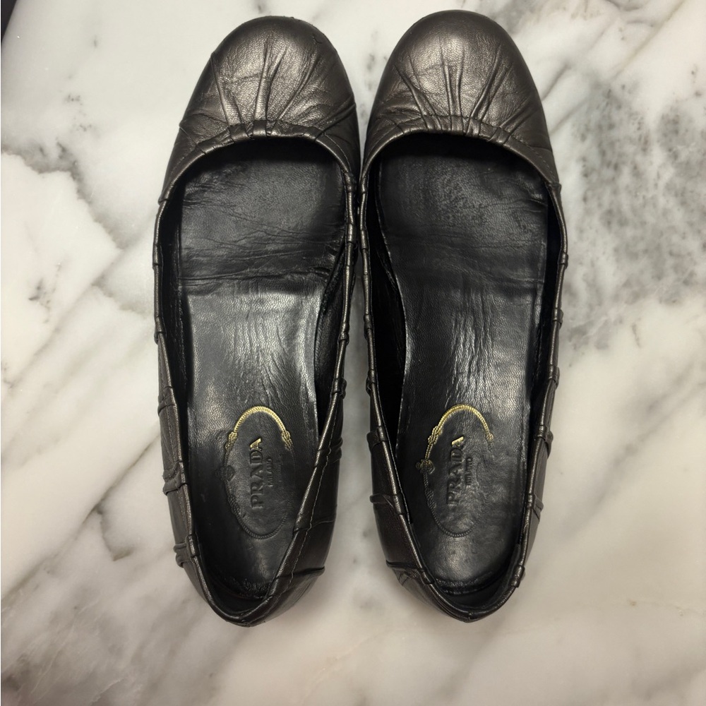 Prada Silver Leather Flats